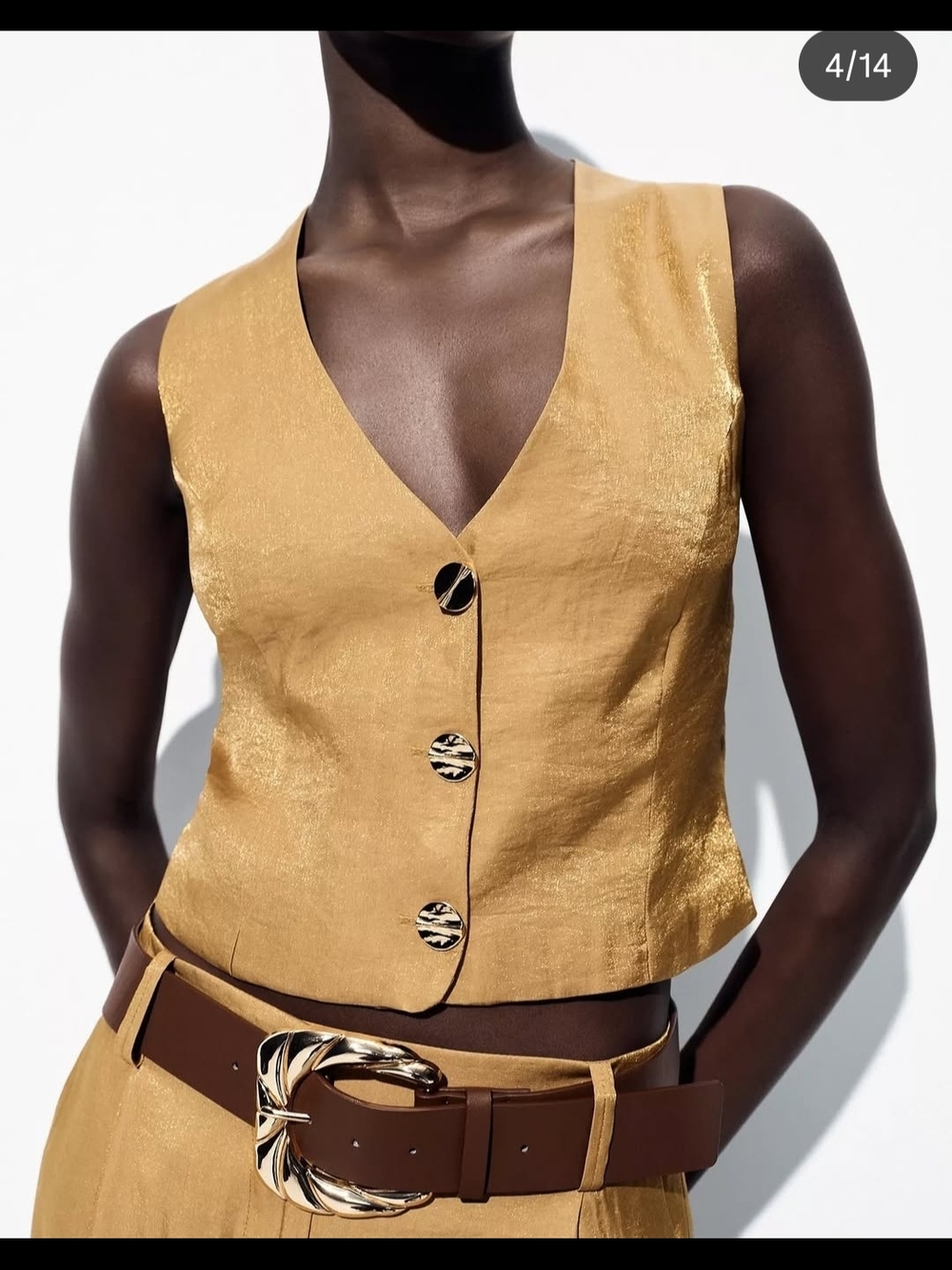 Zara Gold Linen-Blend V-Neck Button Vest